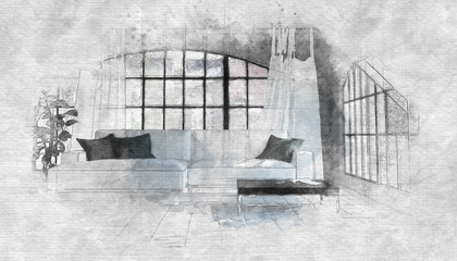 Skizze eines Wohnzimmers mit Couch