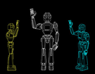Robot character greeting. Isolated on black background. Vector outline illustration.