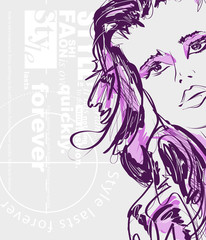 Sketch of the face of a fashion girl. Fashion girl face. Women face on white background.