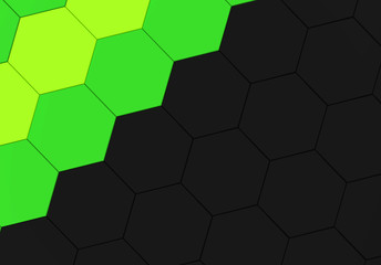 3d rendering. green color and black hexagonal shape pattern wall background.