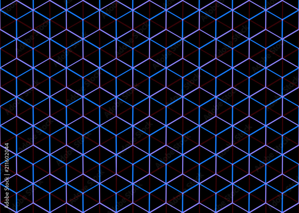 Aufkleber 3d rendeirng. seamless abstract neon blue and violet light style hexagon cube pattern wall backgroun