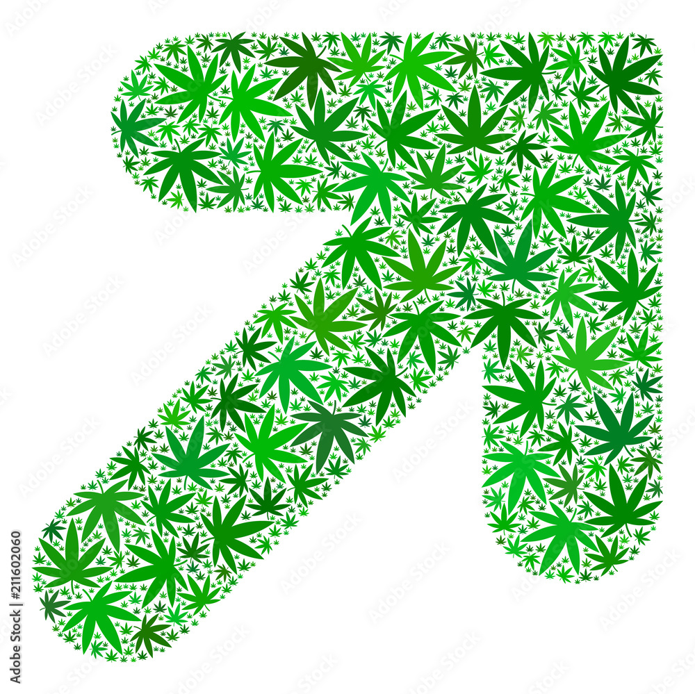 Poster arrow up right composition of weed leaves in different sizes and green shades. vector flat grass lea