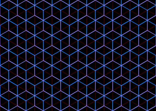 3d rendeirng. seamless abstract neon blue and violet light style hexagon cube pattern wall background.