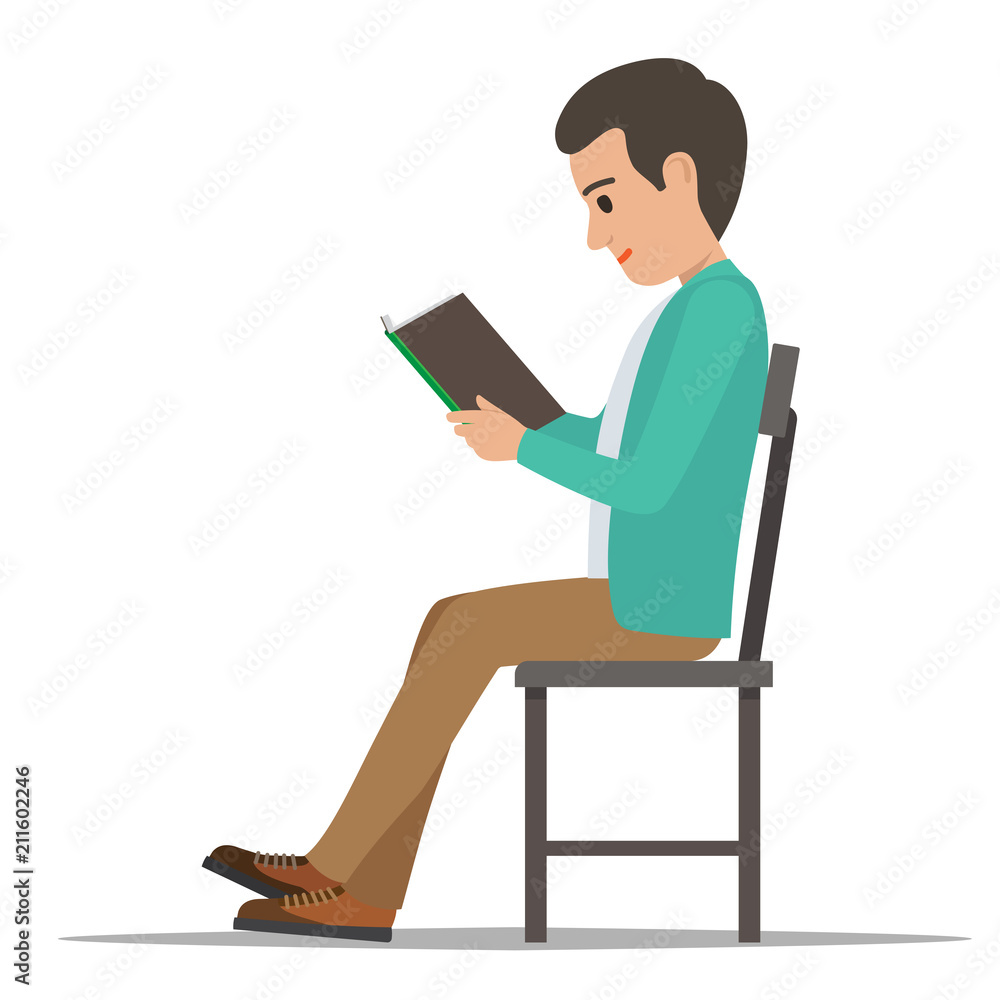 Poster student seating and reading textbook flat vector