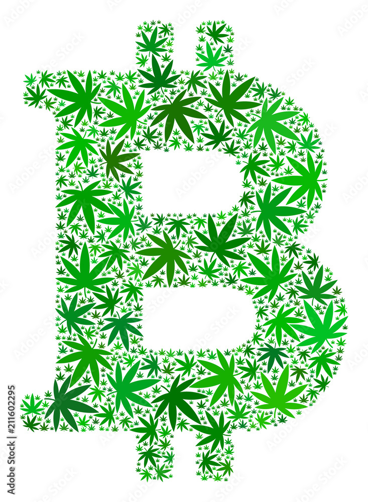 Poster bitcoin mosaic of marijuana leaves in different sizes and green tones. vector flat marijuana icons a