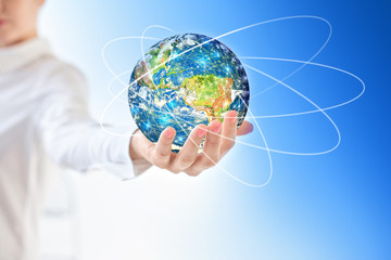Earth from Space in hands, globe in hands Best Internet Concept of global business from concepts series. Elements of this image furnished by NASA. 3D illustration.