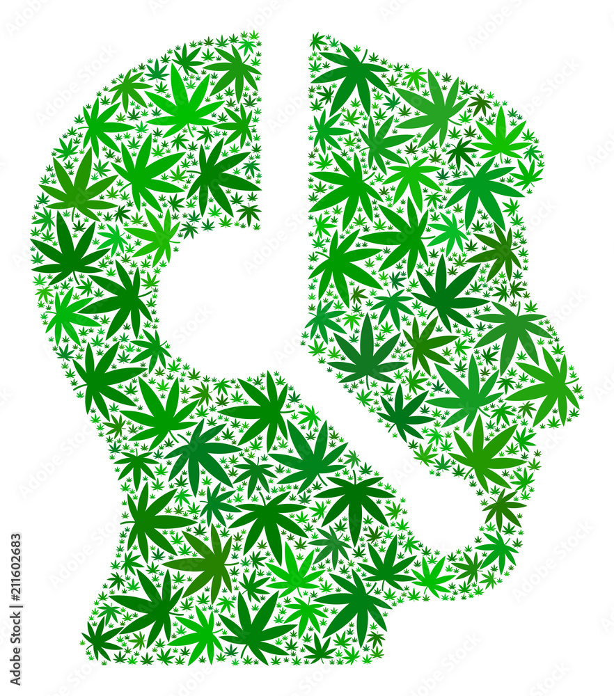 Poster call center operator composition of hemp leaves in various sizes and green tones. vector flat hemp i