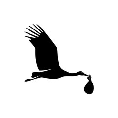 vector flying stork with baby silhouette