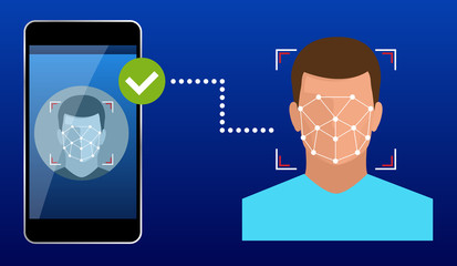 Unlocking smartphone with biometric facial identification, biometric identification, facial recognition system concept. Vector illustration for business, infographic, banner