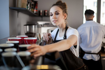 Fototapeta na wymiar Professional female barista in apron prepares coffee at cafe