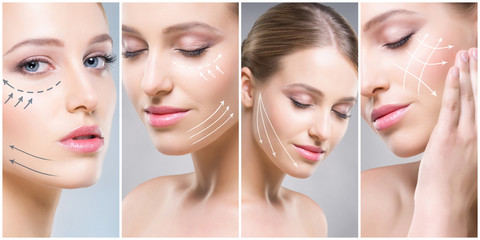 Human face in a collage. Young and healthy woman in plastic surgery, medicine, spa and face lifting...