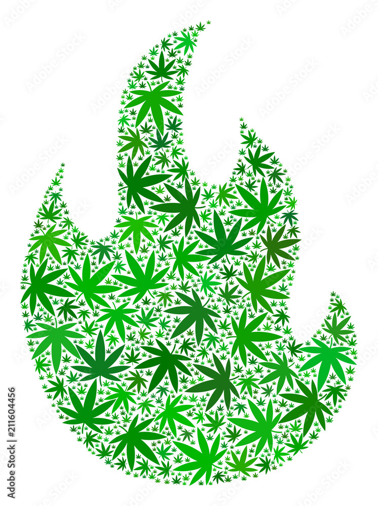 Aufkleber fire flame mosaic of weed leaves in variable sizes and green variations. vector flat grass elements 