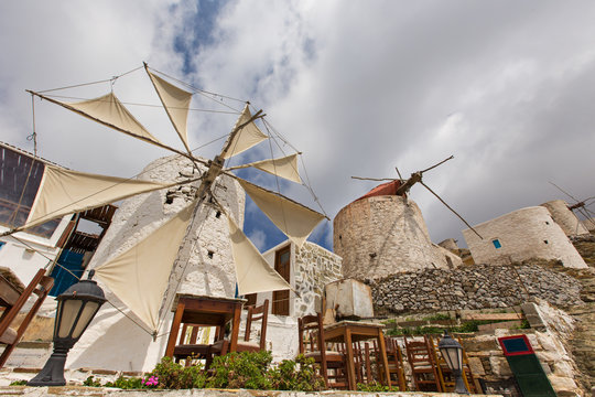 Tradition wind mills in Olympos village, Karpathos island, Dodecanese Greece