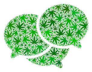 Forum messages mosaic of hemp leaves in different sizes and green tinges. Vector flat grass items are grouped into forum messages mosaic. Addiction vector illustration.