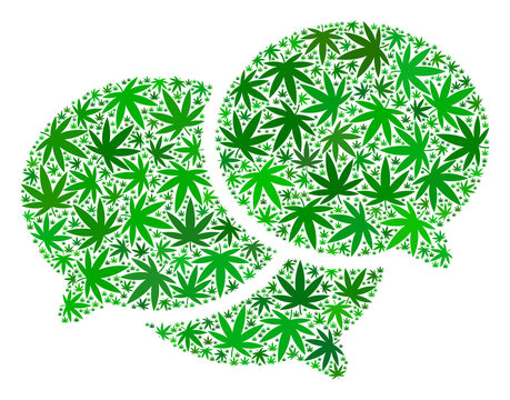 Forum messages mosaic of hemp leaves in different sizes and green tinges. Vector flat grass items are grouped into forum messages mosaic. Addiction vector illustration.