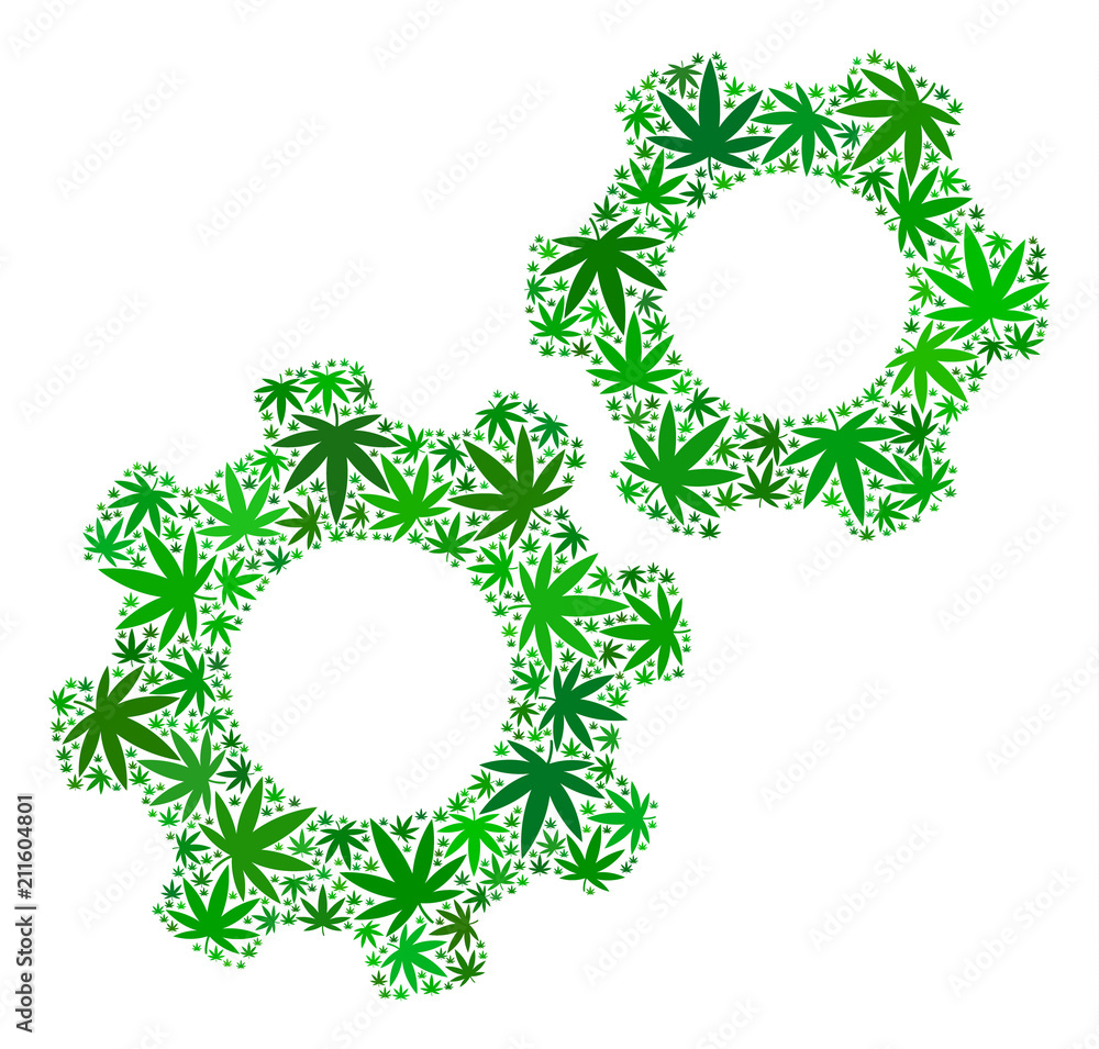 Poster gears mosaic of weed leaves in variable sizes and green tinges. vector flat weed leaves are grouped 