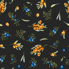 Watercolor juniper and sea buckthorn branches seamless pattern, hand painted on a dark background
