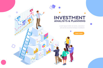 Investment and virtual finance. Communication and contemporary marketing. Future and office devices working on investments. Infographic for web banner, hero images. Flat isometric vector illustration.