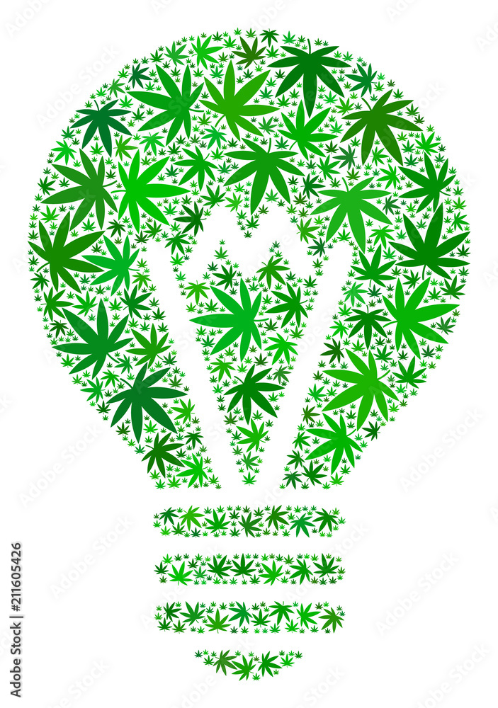 Poster Hint bulb composition of hemp leaves in variable sizes and green shades. Vector flat grass leaves are grouped into hint bulb composition. Narcotic vector illustration.