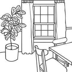 Interior design illustration sketch. Modern living room trendy style. Home house decoration. Furniture lounge hand drawn. Table chair window blinds curtains plant vase. Drawing vector doodle