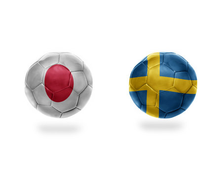 football balls with national flags of japan and sweden.