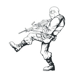 contour drawing of soldier SWAT with a machine gun