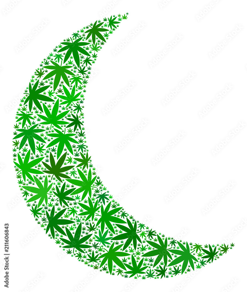 Poster moon mosaic of marijuana leaves in variable sizes and green tones. vector flat marijuana objects are