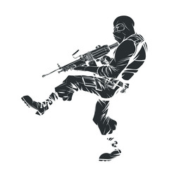 Silhouette of a man in military uniform that holds a machine gun and kicks