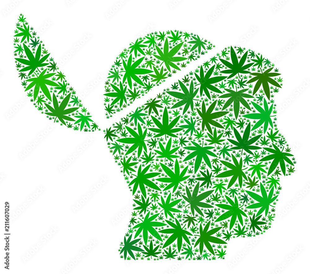 Poster open brain mosaic of weed leaves in variable sizes and green shades. vector flat hemp objects are un