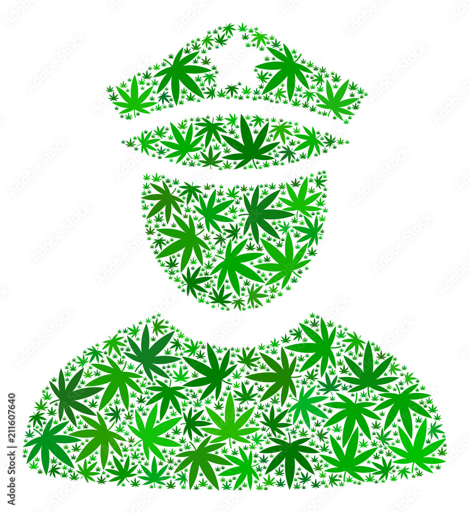 Poster policeman mosaic of hemp leaves in different sizes and green variations. vector flat hemp objects ar