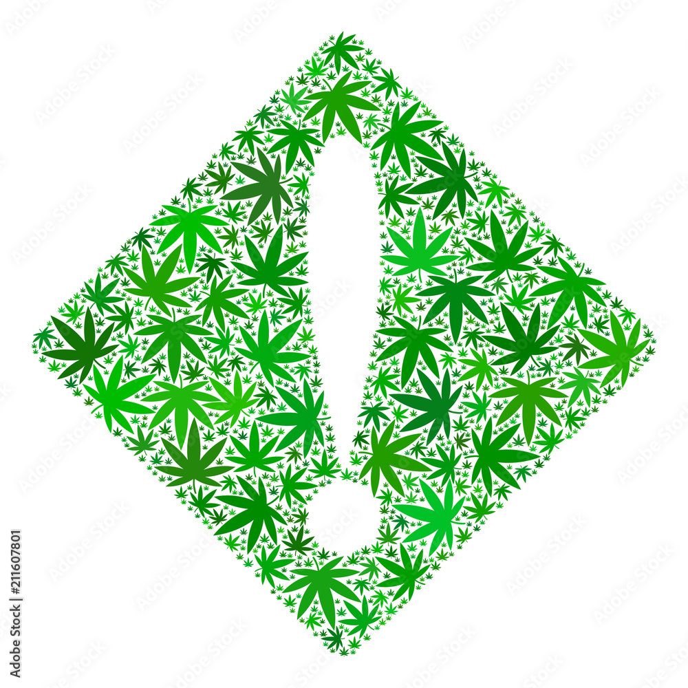 Poster problem collage of weed leaves in various sizes and green variations. vector flat ganja objects are 