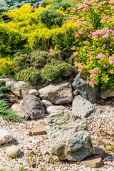 Element of landscape design - rockeries with mountain plants and stones