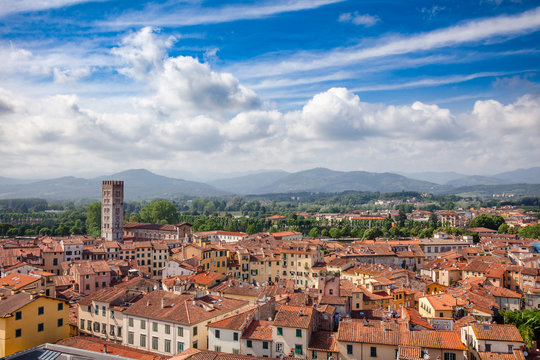Lucca old town rooftop cityscape Tuscany Italy
