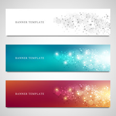 Vector banners design for medicine, science and digital technology. Molecular structure background and communication with connected lines and dots.