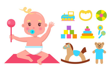 Cute Infant with Nipple and Pink Rattle Banner