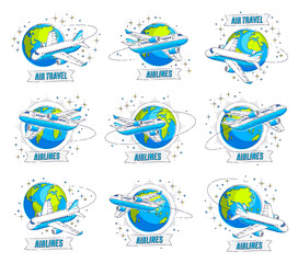 Airlines air travel emblem or illustrations with plane airliners, planet earth and ribbon with typing. Beautiful thin line vectors set isolated over white background.