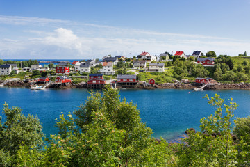 Beautiful scandinavian landscape with mountains and fjords. Panorama view of Reine village on Lofoten islands, Norway.