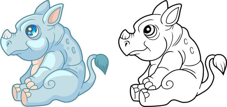 cartoon cute little rhinoceros, funny illustration coloring book