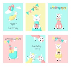 Alpaca birthday greeting cards vector illustration