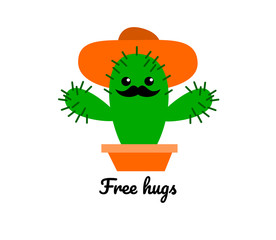 A funny illustration of a cactus with mustache and hat reglando hugs