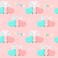 Happy cute alpaca couples vector seamless pattern