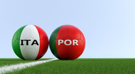 Italy vs. Portugal Soccer Match - Soccer balls in Italy and Portugal national colors on a soccer field. Copy space on the right side - 3D Rendering 