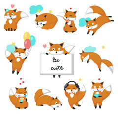 Cute fox icon set, vector isolated illustration