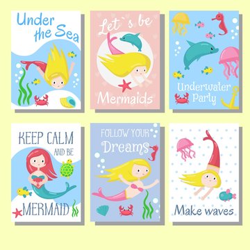 Cute mermaid cards vector template set