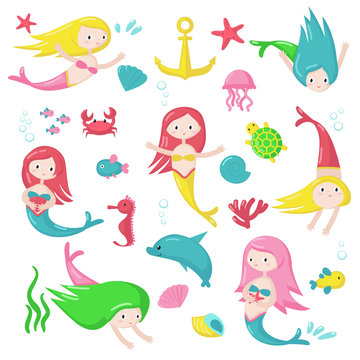 Cute mermaid icon set vector isolated illustration