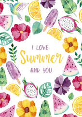 Watercolor frame with flowers, fruits and ice cream. Hand drawn illustration with lettering.