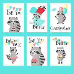 Raccoon birthday cards vector template set