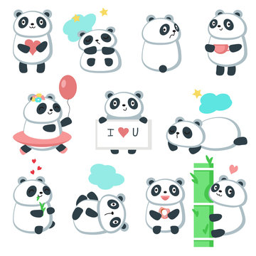 Cute panda icon set, vector isolated illustration