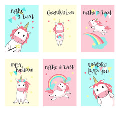 Vector set of unicorn birthday greeting cards