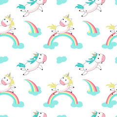 Magic unicorn with rainbow vector seamless pattern